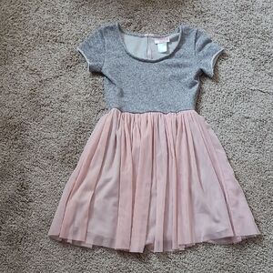 Gray and Pink Fit and Flare Mini Sweater Tulle Shimmer Dress with Cap Sleeves